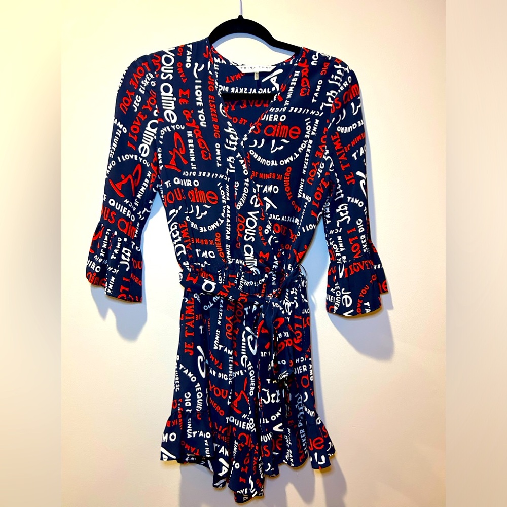 Trina Turk 100% Silk XS Romper Womens TE AMO Ruffled Belted Blue Red White